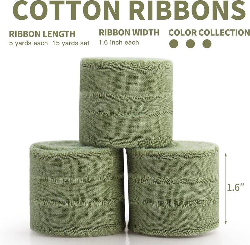 Keypan Sage Green Ribbon 1-1/2 x 15 Yards Handmade Cotton Frayed Fringe Fabric Ribbons for Crafts Flower Bouquets Wedding Baby Shower Home DIY Decor - Image 2